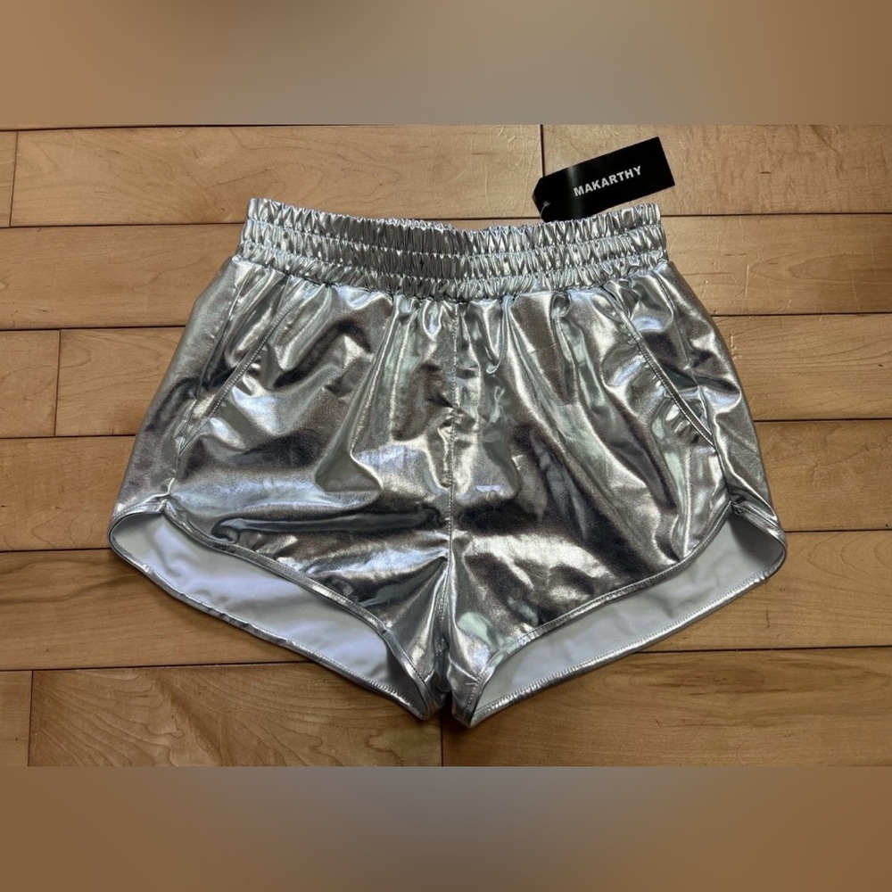 ✨ NWT Silver Metallic Festival Shorts M | Y2K Rave Club Disco Spacecore Shiny ✨
